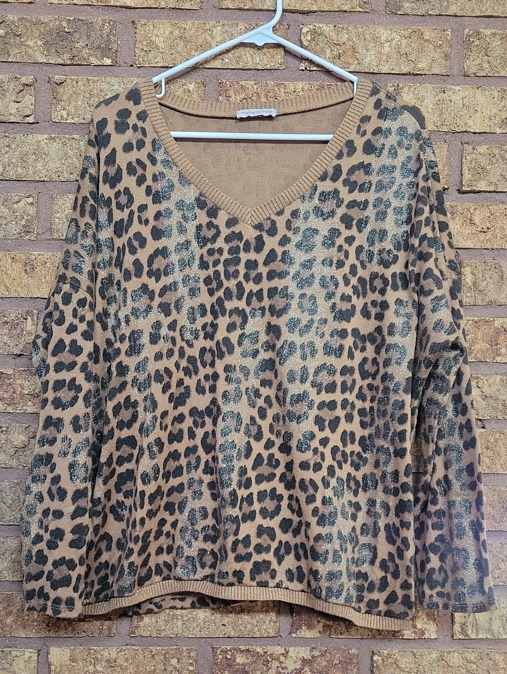 Leopard Print V Neck Sweater Made in Italy Viscose Wool Algona Shimmer Casual